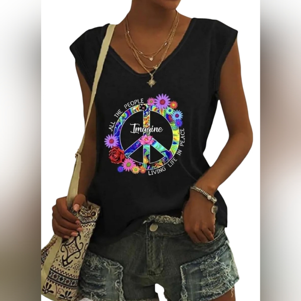 🆕 Women's Black Sleeveless Beatles Imagine Screen Print T-shirt